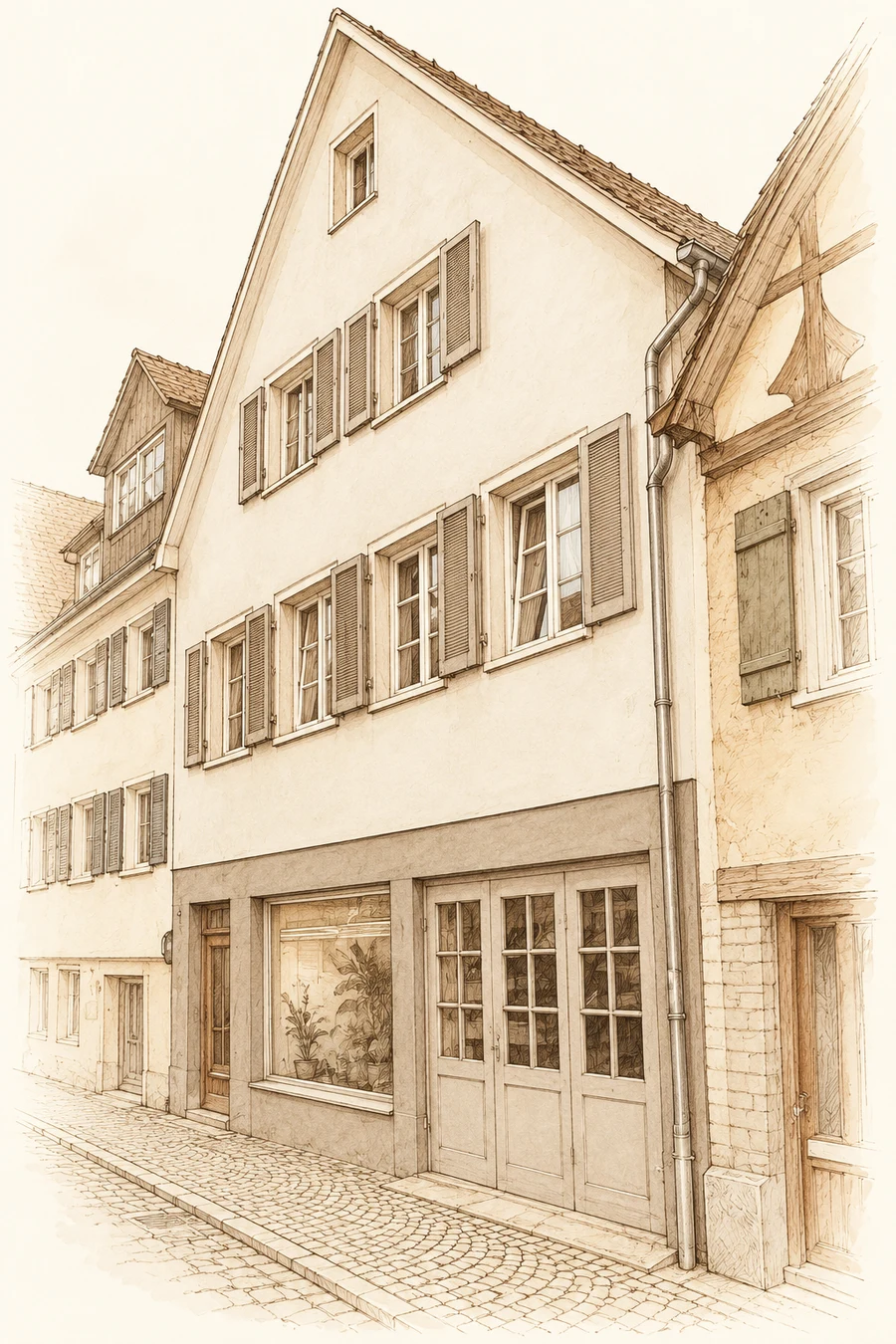Sepiazeichnung des schmalen Hauses in der Jakobsgasse 17 mit Fensterläden und Werkstatt im Erdgeschoss